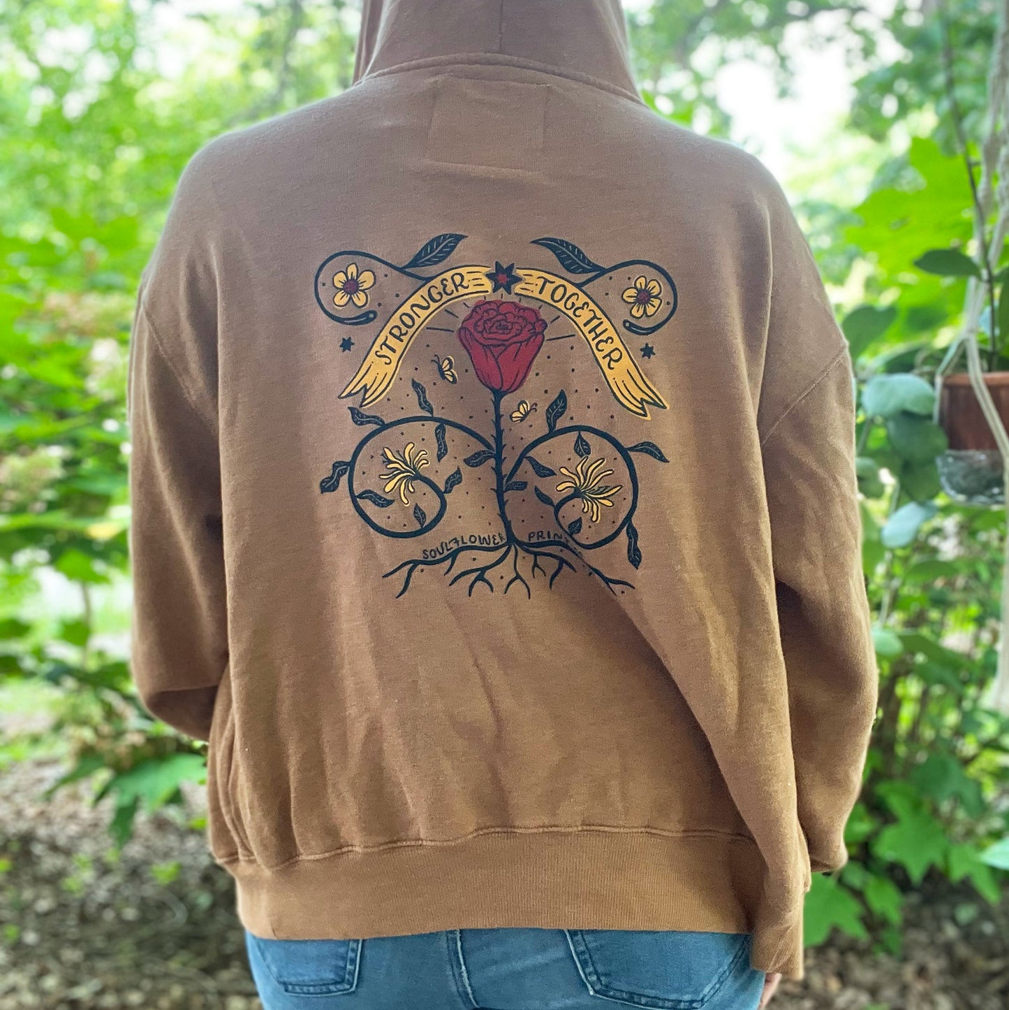 Stronger Together | June Birth Flowers | Brown Zip-Up Hoodie | XS