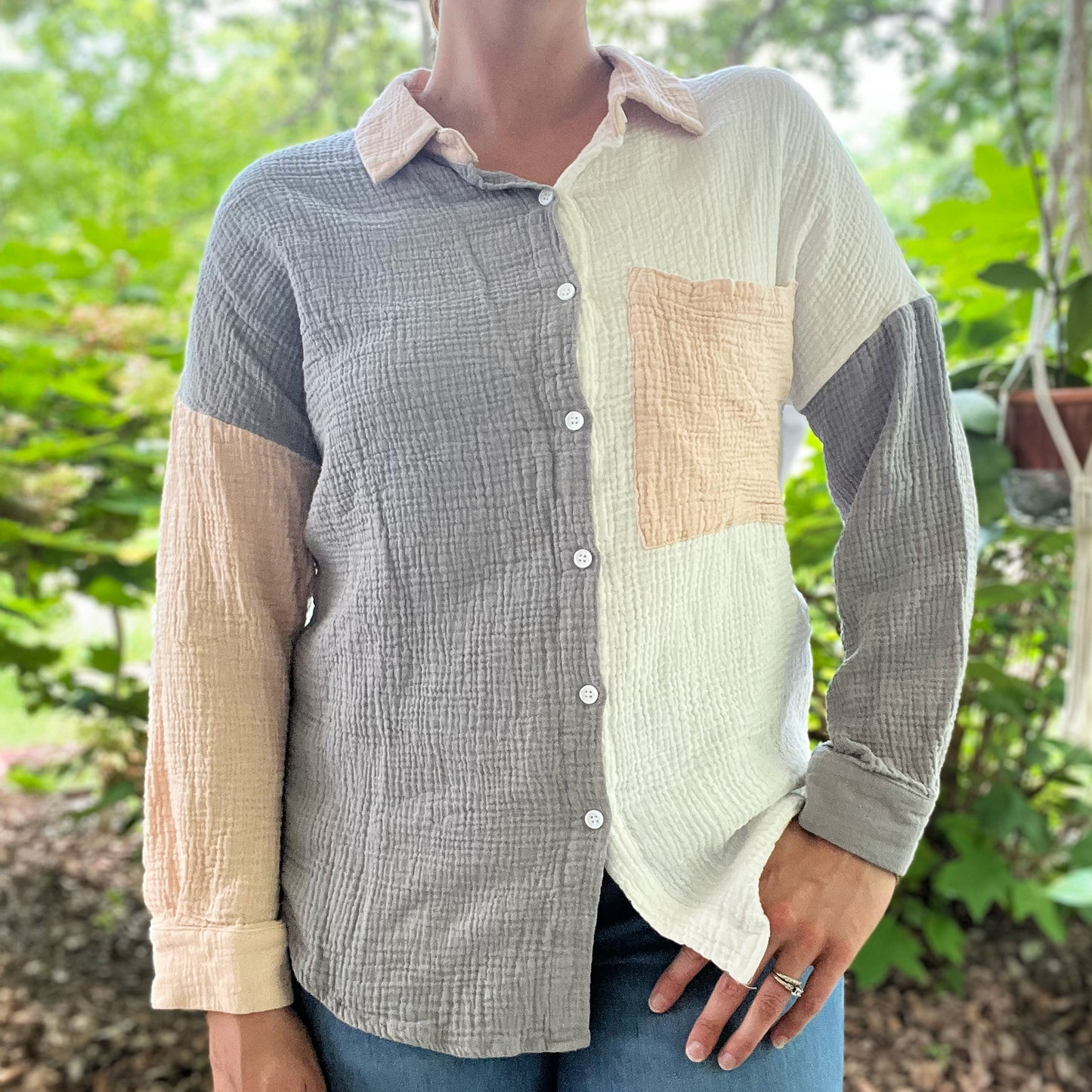Stronger Together | June Birth Flower | Pink / Gray Color Block Button Up | Medium