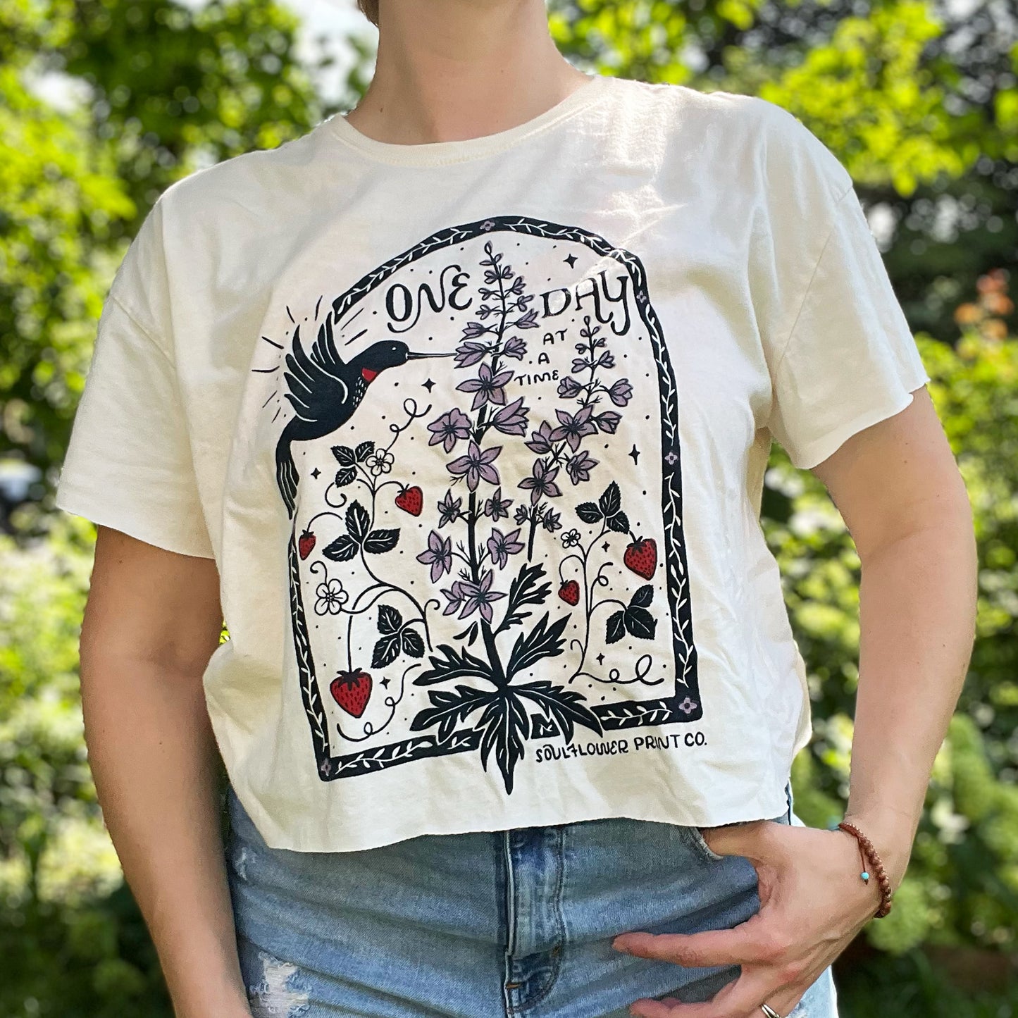 One Day at a Time | July Birth Flower | Cream Crop Top | XL