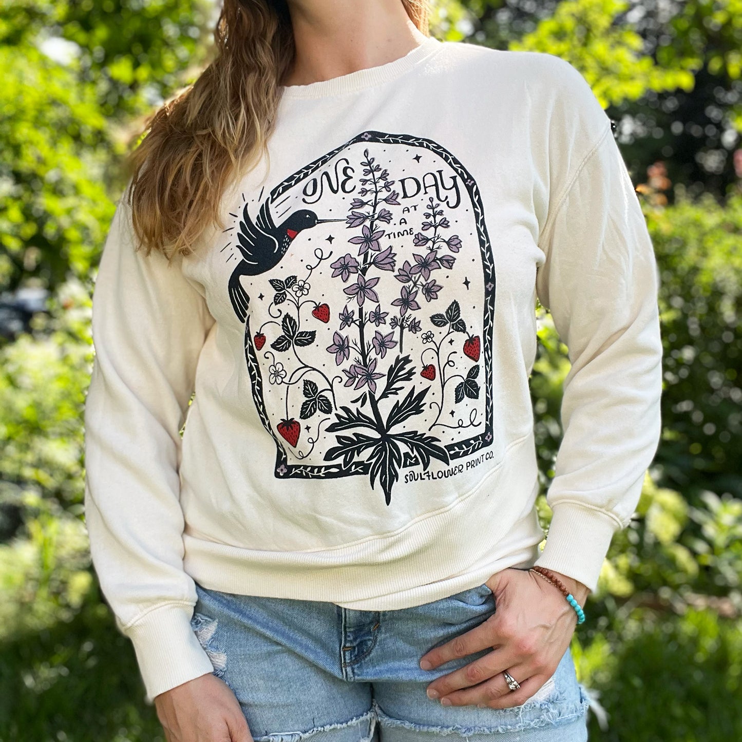 One Day at a Time | July Birth Flower | Cream Sweatshirt | Medium