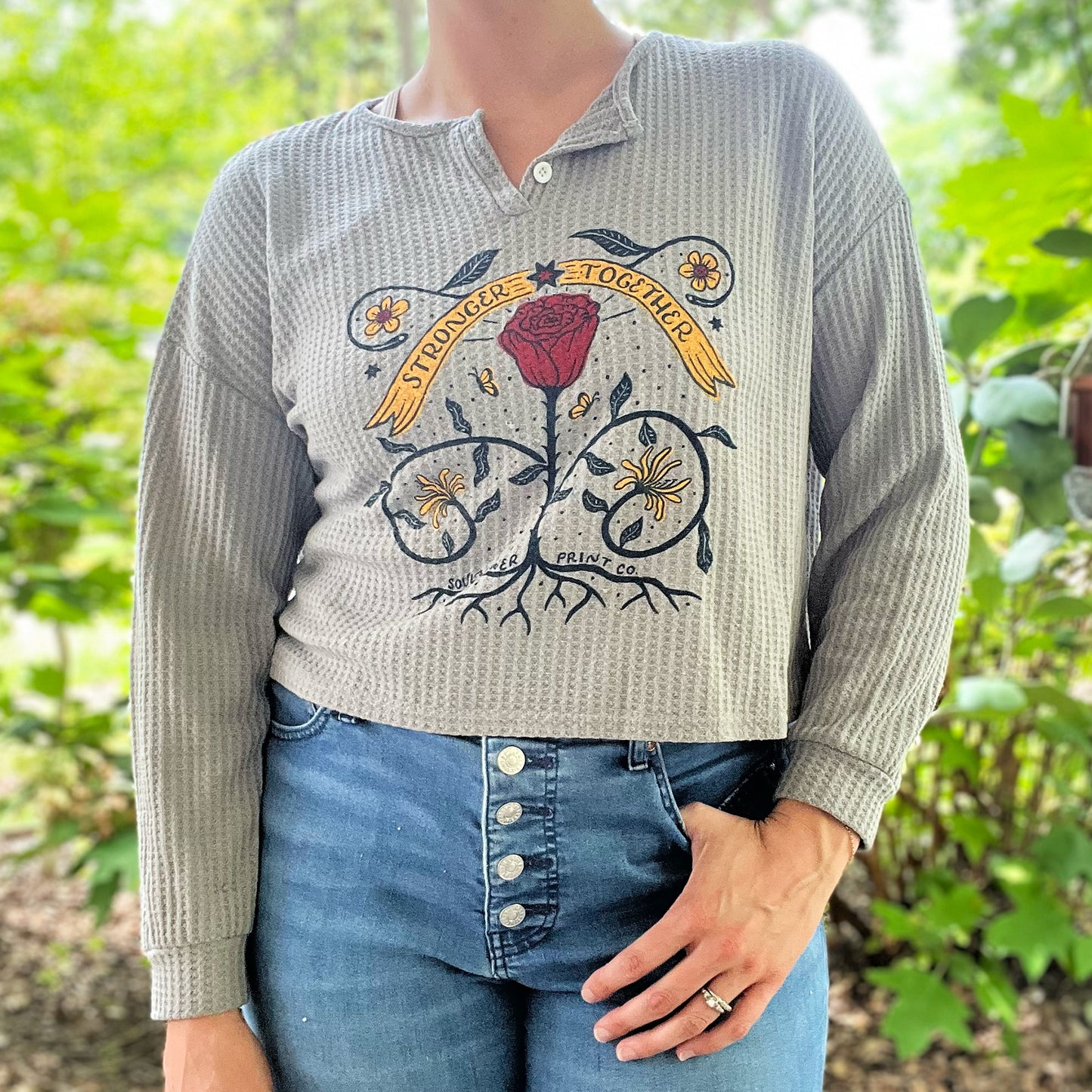 Stronger Together | June Birth Flower | Gray Waffle Knit Long Sleeve | XL