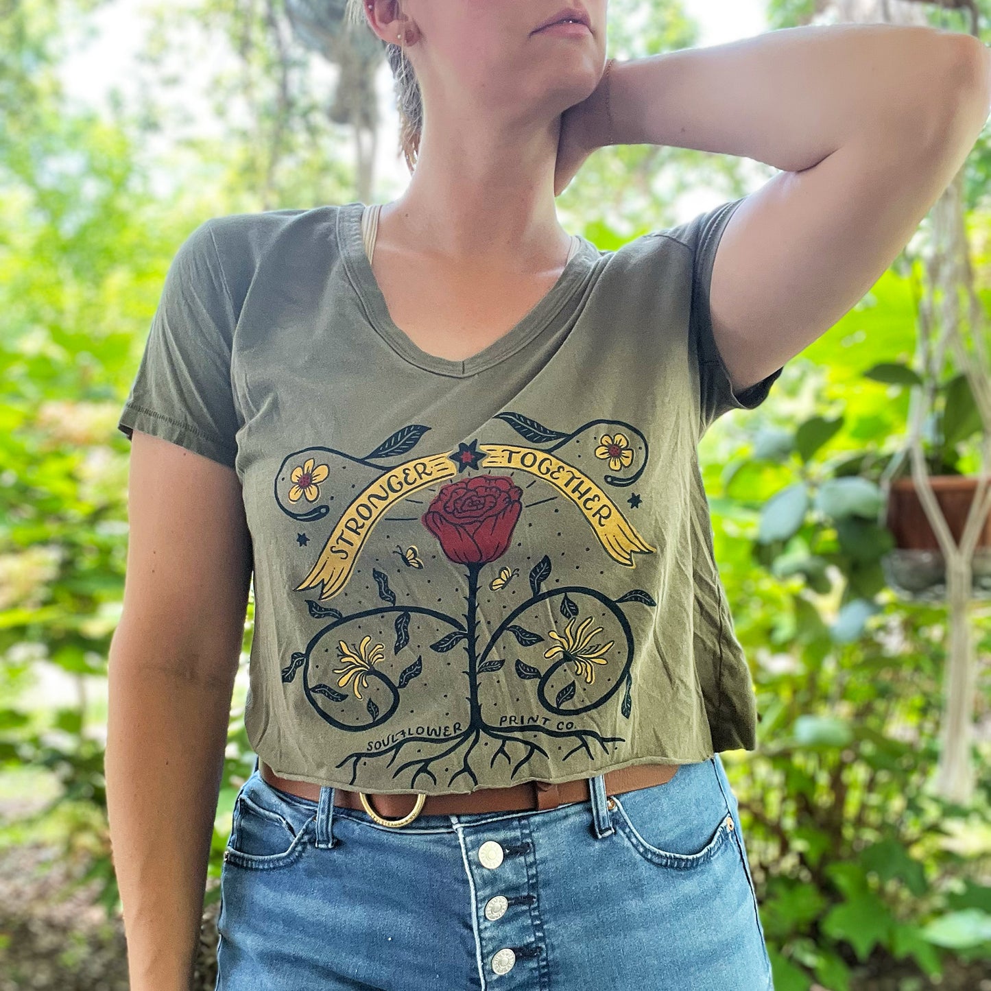 Stronger Together | June Birth Flower | Olive Green Crop Top | Medium
