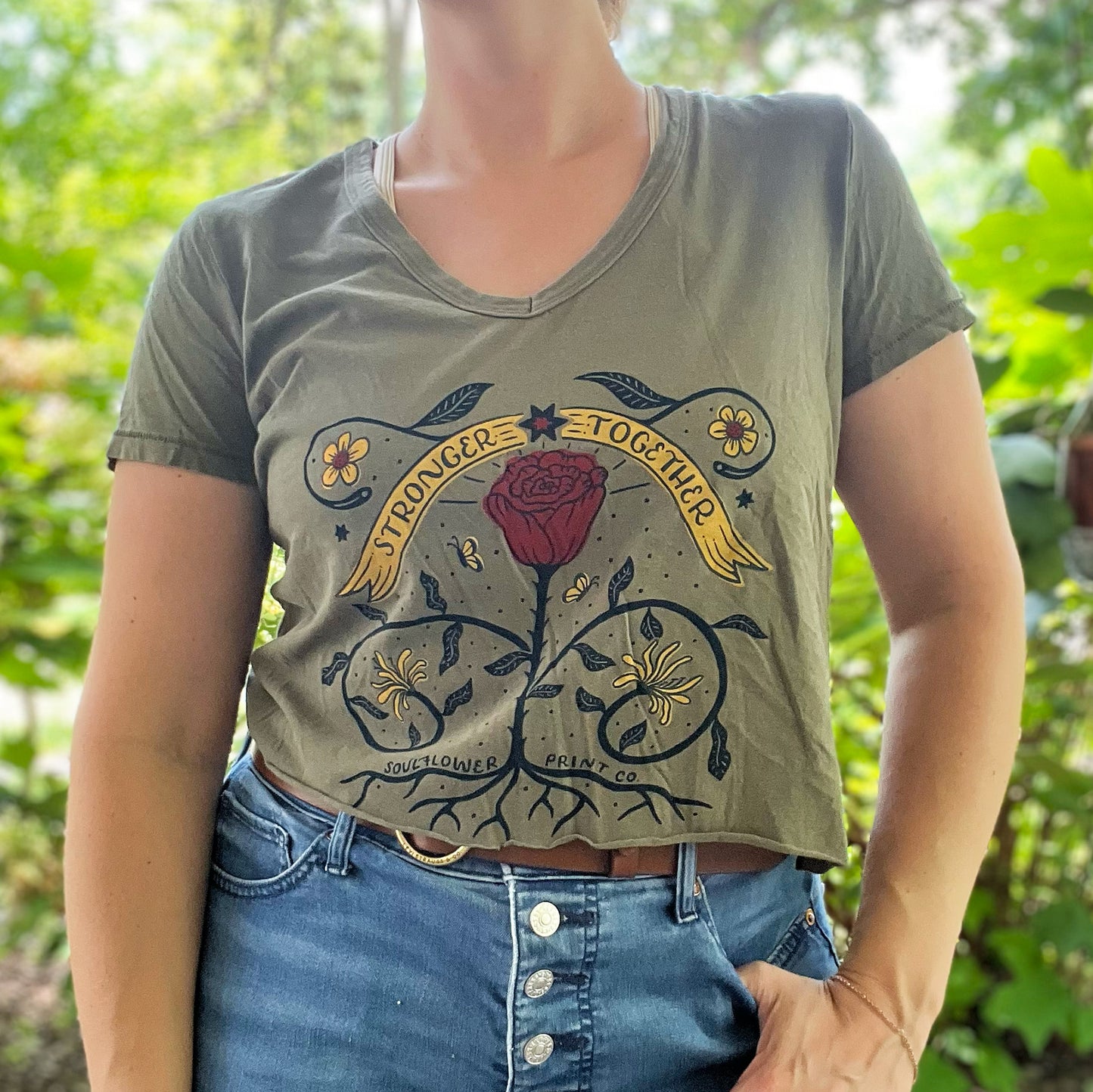 Stronger Together | June Birth Flower | Olive Green Crop Top | Medium