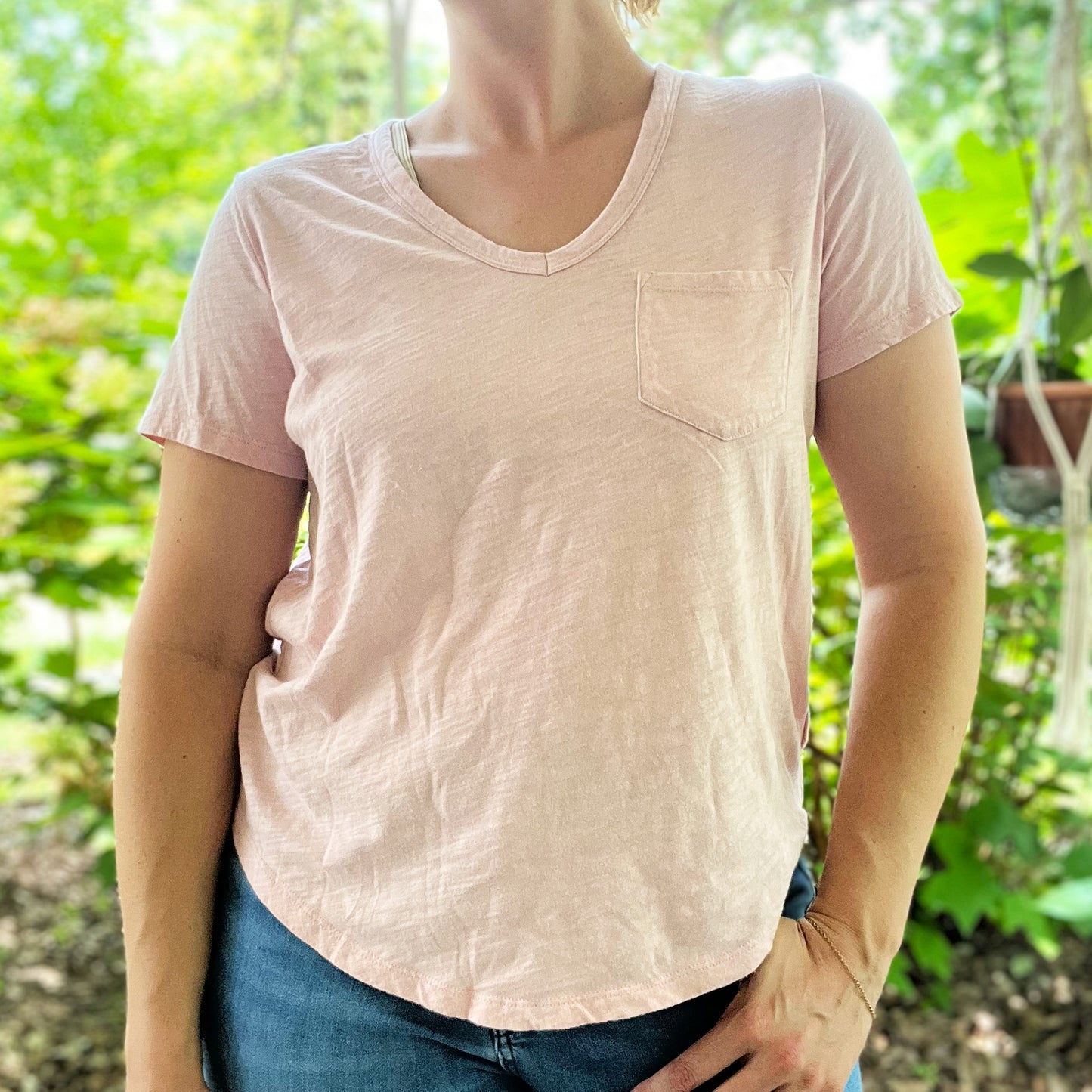 Stronger Together | June Birth Flower | Pink V-Neck Shirt | Small