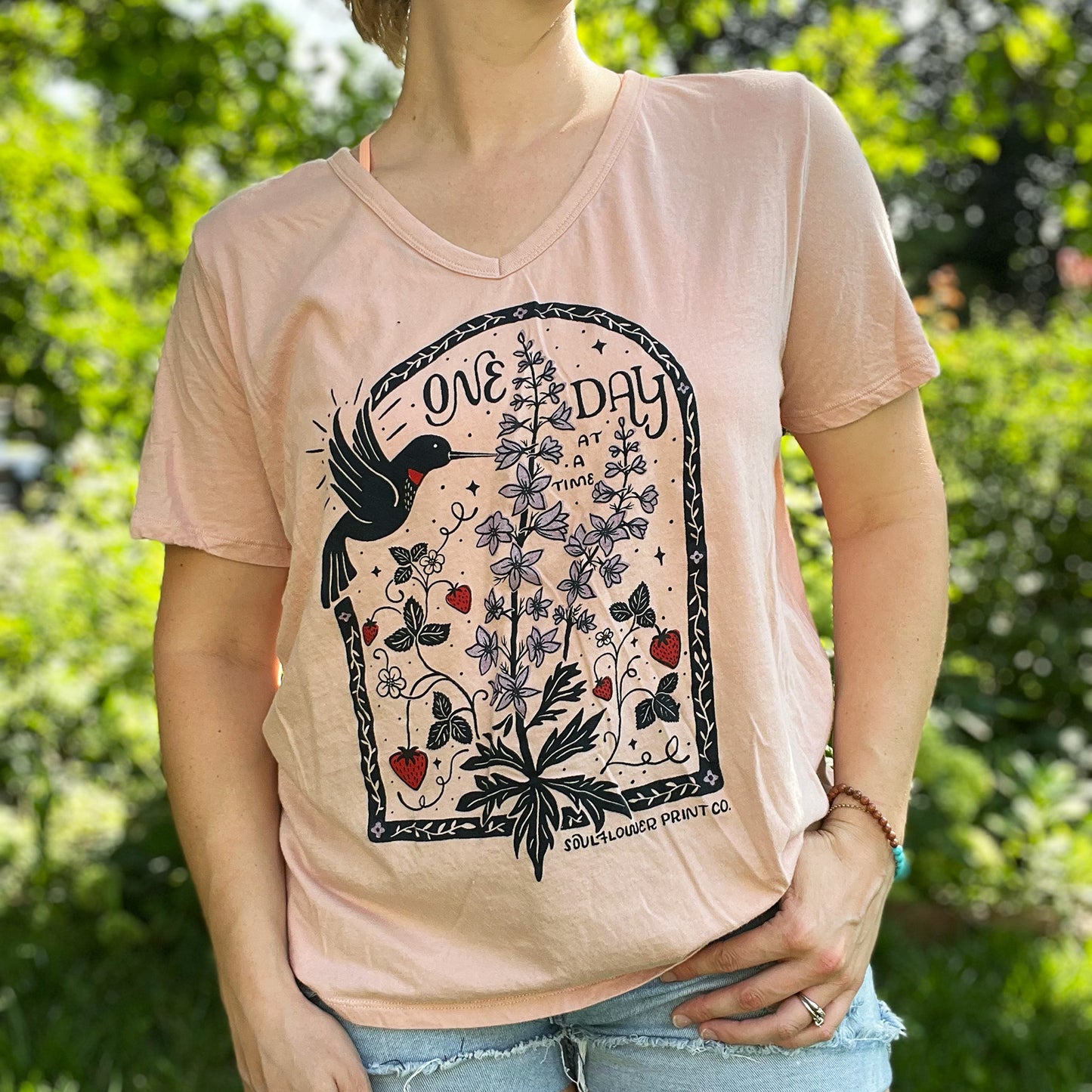 One Day at a Time | July Birth Flower | Pink V-Neck Tee | XL
