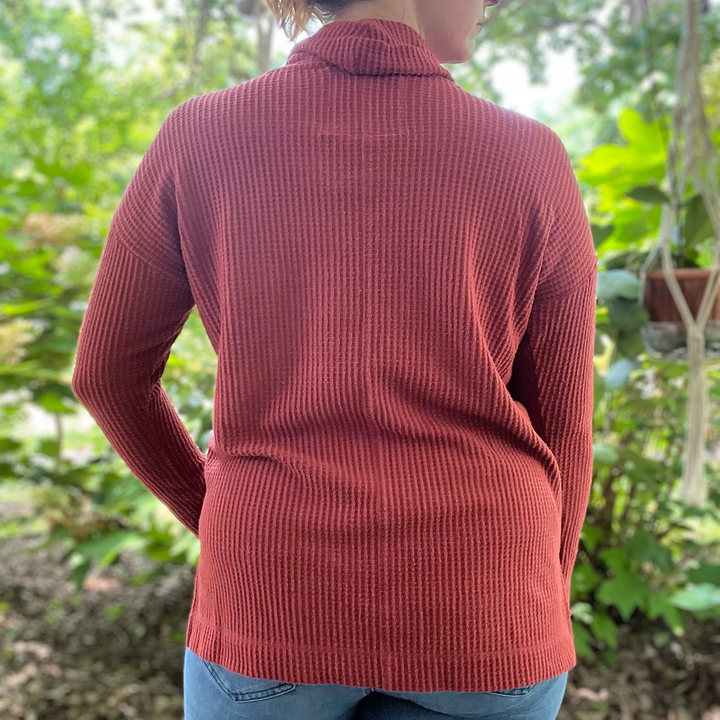 Stronger Together | June Birth Flower | Red Waffle Knit Cowl Neck Long Sleeve | Medium