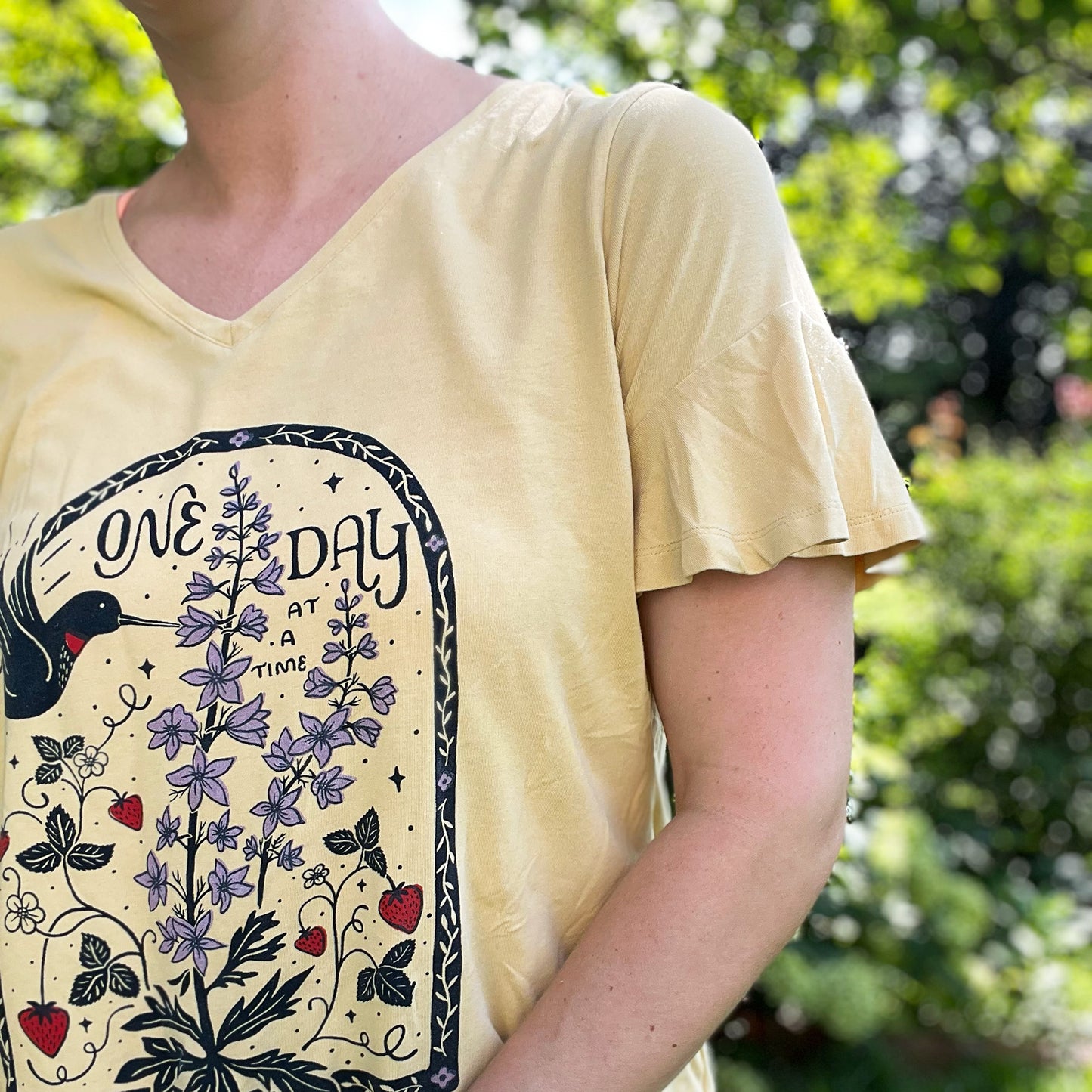 One Day at a Time | July Birth Flower | Yellow V-Neck Tee | XL