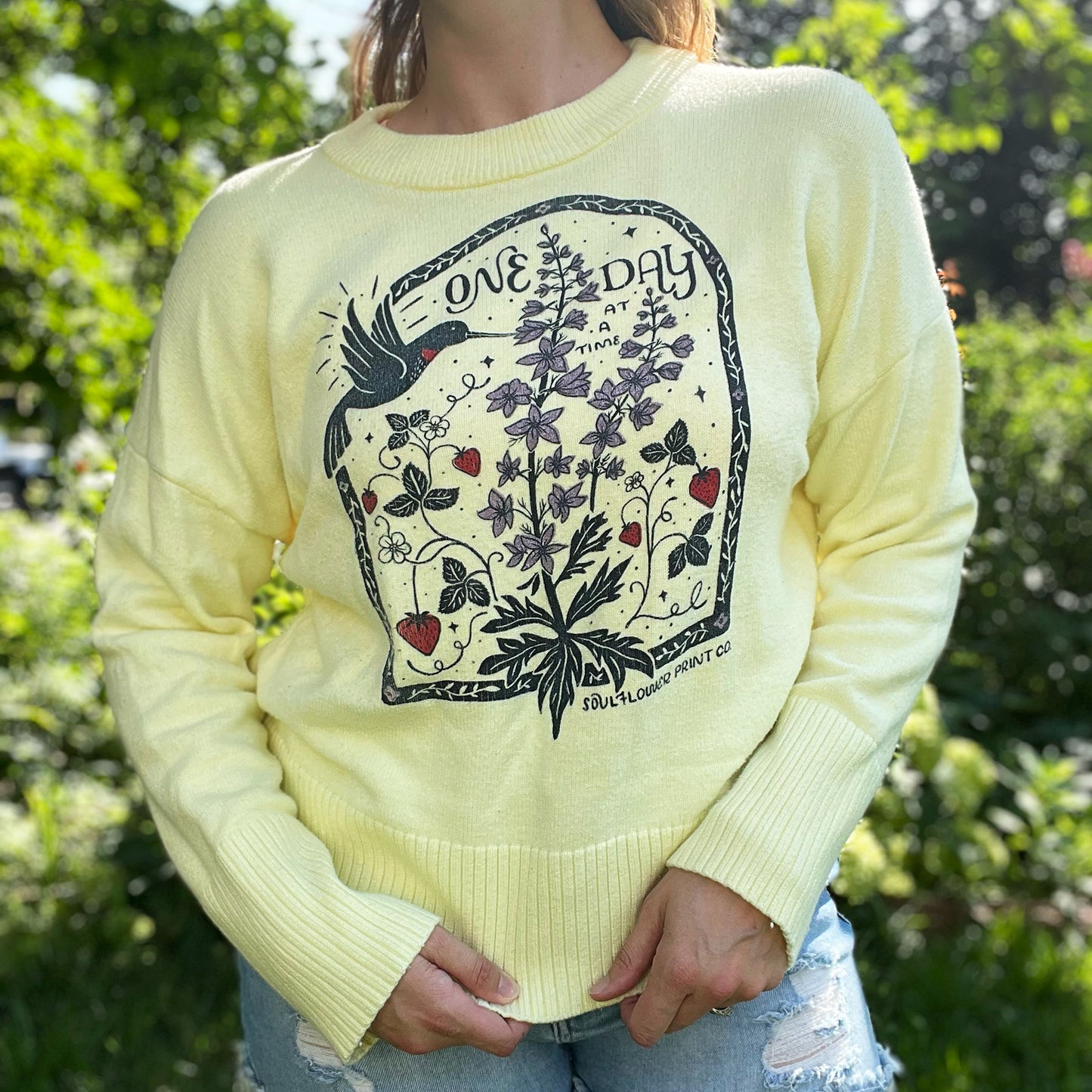 One Day at a Time | July Birth Flower | Yellow Cozy Sweater | Large
