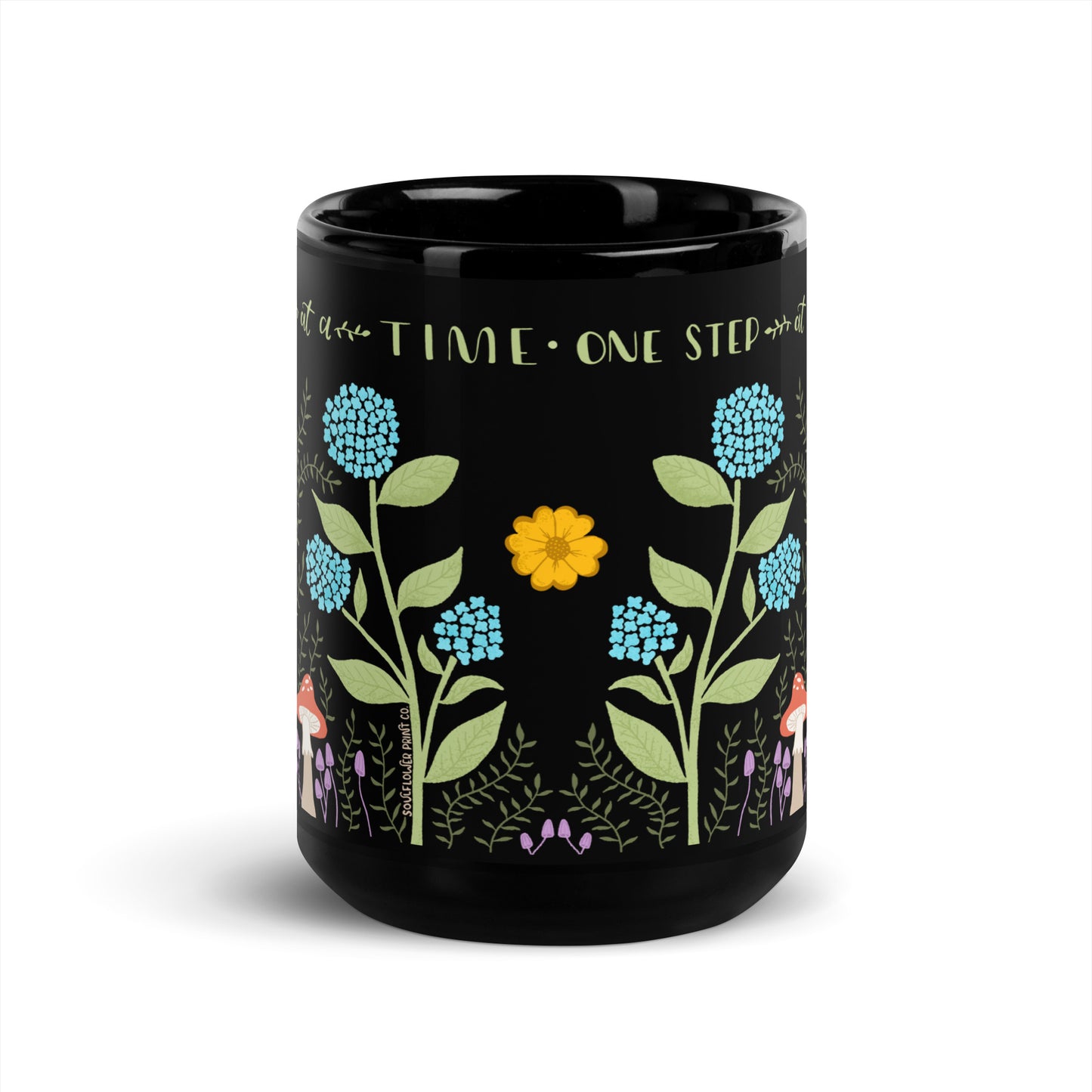 Black Glossy Ceramic Mug | One Step at a Time | Dreamy Botanical Collection