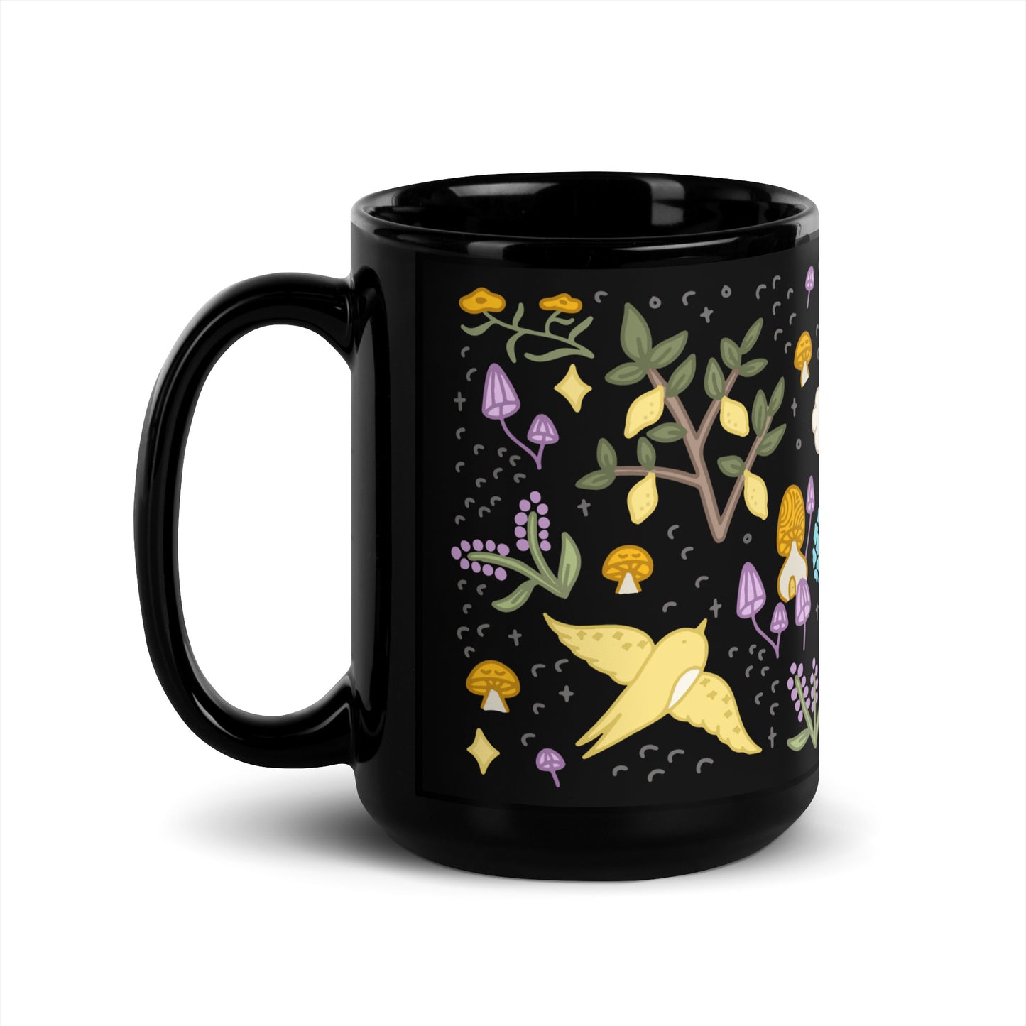 Black Glossy Mug | Wings & Woodlands | Dreamy Botanical Collection