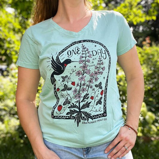 One Day at a Time | July Birth Flower | Blue V-Neck Tee | Large