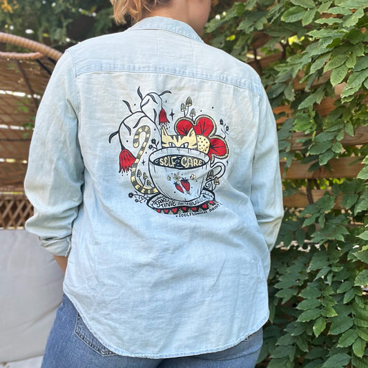 Self Care Cat | Chambray Blue Button Up | Medium