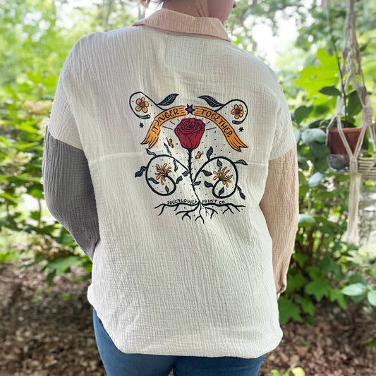 Stronger Together | June Birth Flower | Pink / Gray Color Block Button Up | Medium