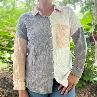 Stronger Together | June Birth Flower | Pink / Gray Color Block Button Up | Medium