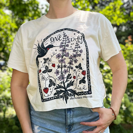 One Day at a Time | July Birth Flower | Cream Crop Top | XL