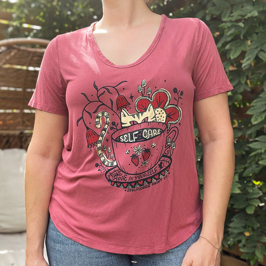 Self Care Cat | Dark Pink Tee | XL