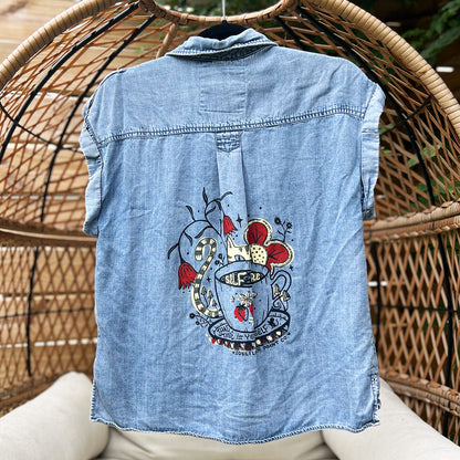 Self Care Cat | Blue Short Sleeve Button Up | Small