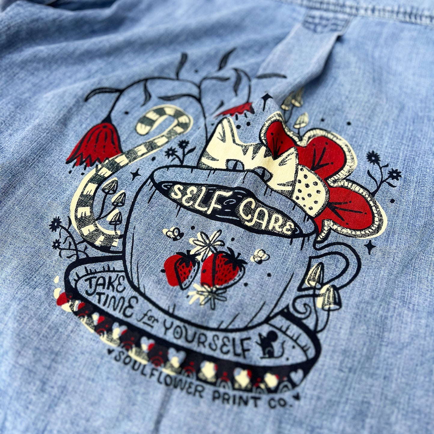 Self Care Cat | Blue Short Sleeve Button Up | Small