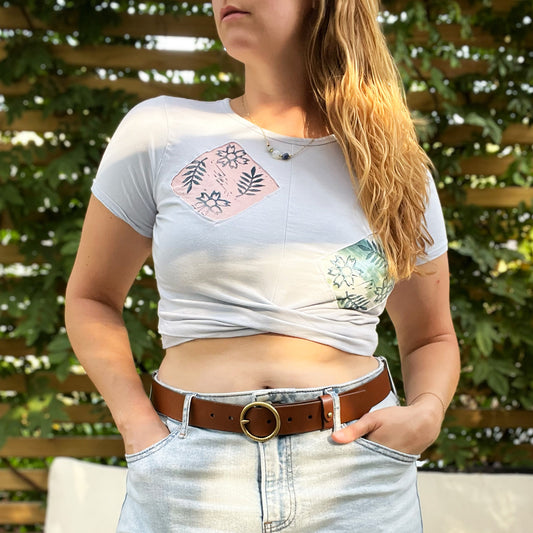 Flower Block Print | Light Blue Crop Top | Medium