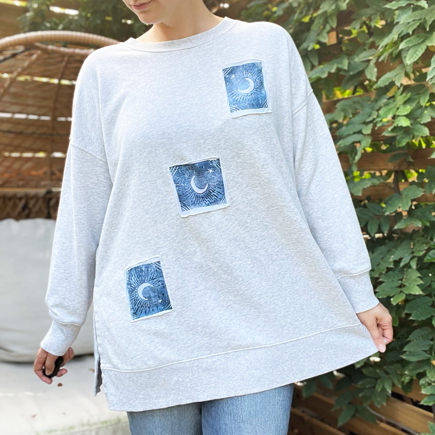 Moon Block Print | Gray Sweatshirt | Large