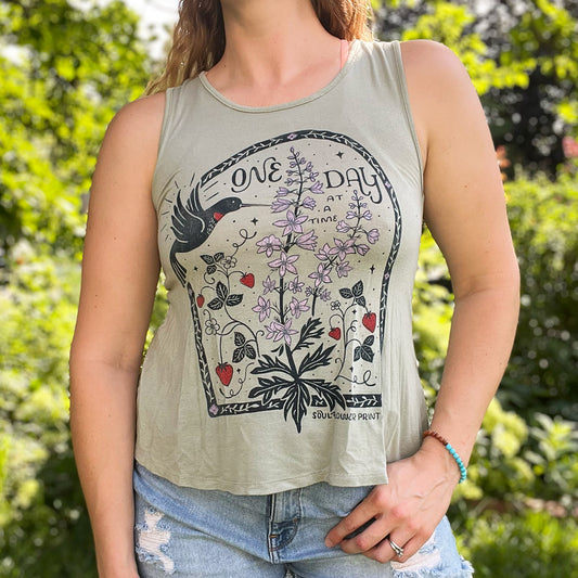 One Day at a Time | July Birth Flower | Green Tank Top | Small