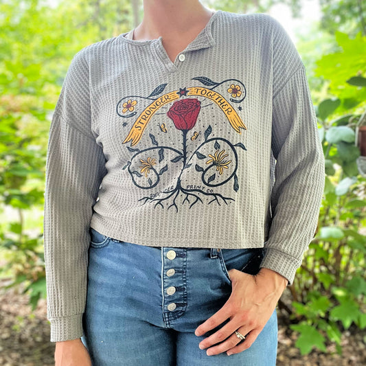 Stronger Together | June Birth Flower | Gray Waffle Knit Long Sleeve | XL