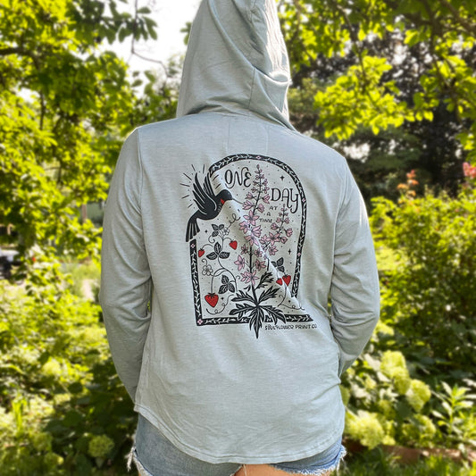 One Day at a Time | July Birth Flower | Blue Zip-Up Hoodie | Large