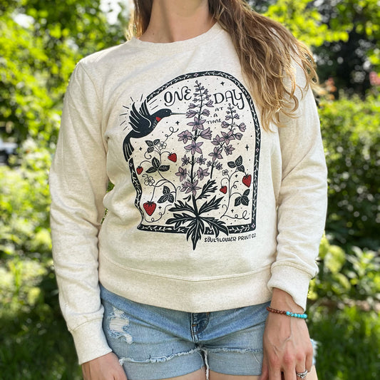One Day at a Time | July Birth Flower | Cream Heather Sweatshirt | Medium