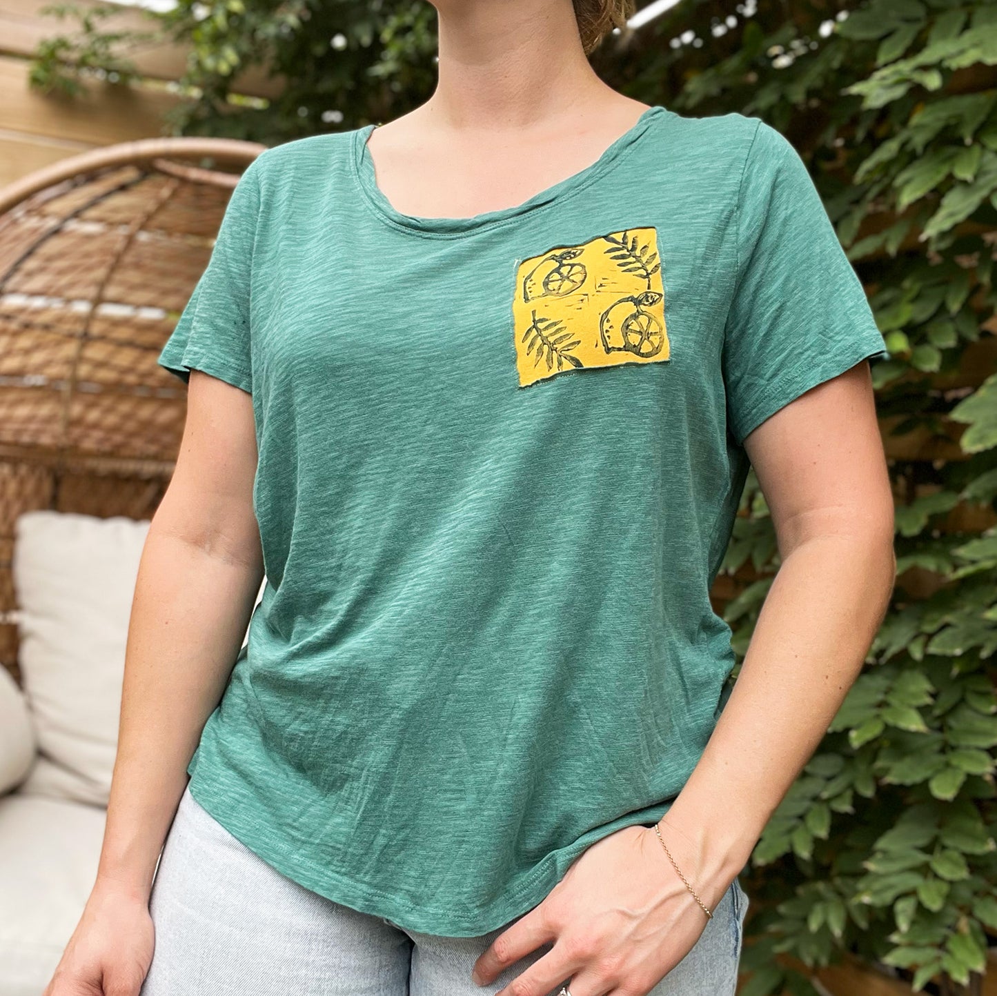 Lemon Block Print | Green Tee | Large