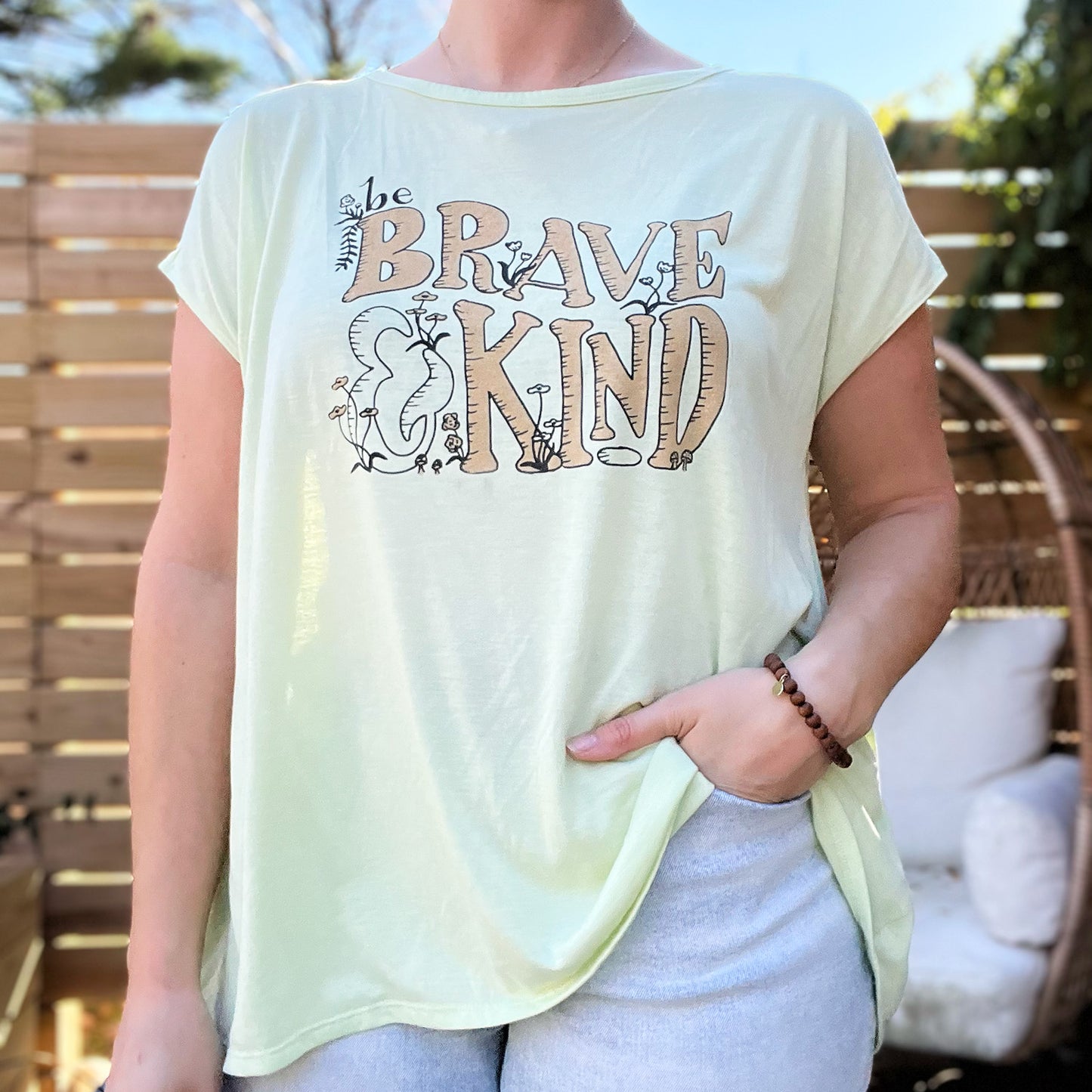 Brave & Kind | Light Green Flowy Tee with Open Back | Large