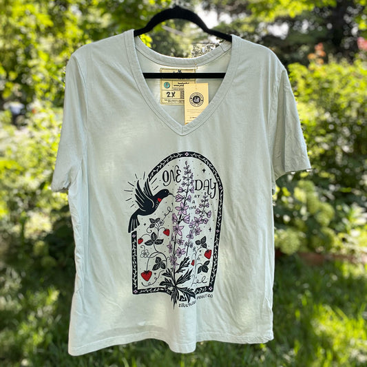 One Day at a Time | July Birth Flower | Green V-Neck Tee | 2X