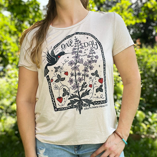 One Day at a Time | July Birth Flower | Light Pink Tee | Large