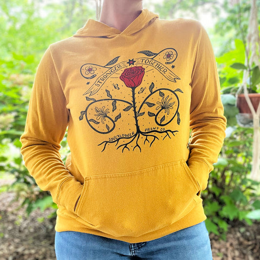 Stronger Together | June Birth Flower | Mustard Hoodie | Large