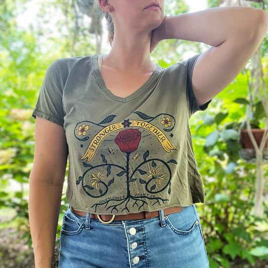 Stronger Together | June Birth Flower | Olive Green Crop Top | Medium