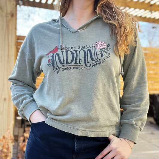 Home Sweet Indiana | Olive Green Long Sleeve Hoodie | Large