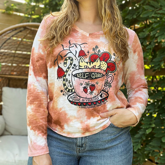 Self Care Cat | Pink / Red / Orange Tiedye Long Sleeve | Large