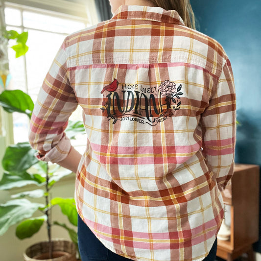 Home Sweet Indiana | Pink, Brown & Yellow Flannel Long Sleeve | Small