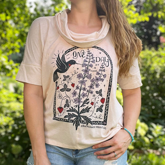 One Day at a Time | July Birth Flower | Light Pink Cowl Neck Top | Medium