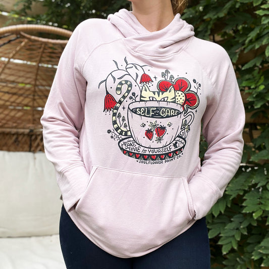 Self Care Cat | Pink Hoodie Sweatshirt | Large