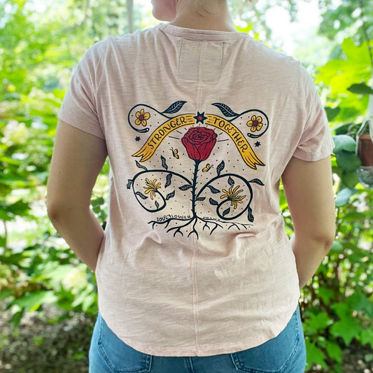 Stronger Together | June Birth Flower | Pink V-Neck Shirt | Small