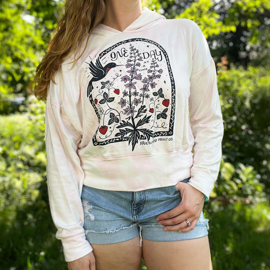 One Day at a Time | July Birth Flower | Light Pink Tiedye Hoodie | Large