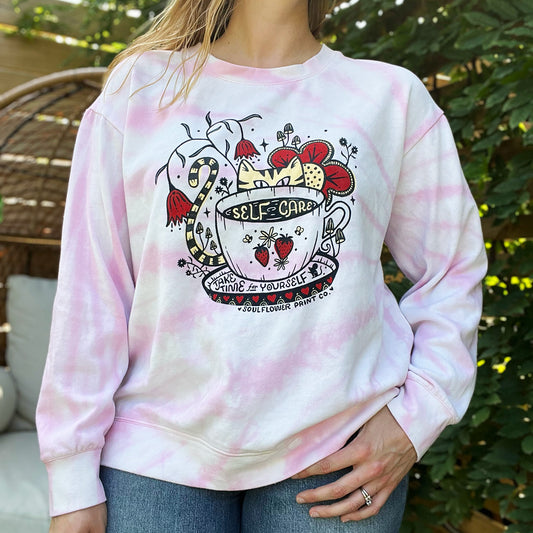 Self Care Cat | Pink Tiedye Sweatshirt | XL