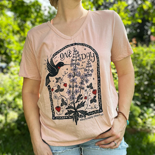 One Day at a Time | July Birth Flower | Pink V-Neck Tee | XL