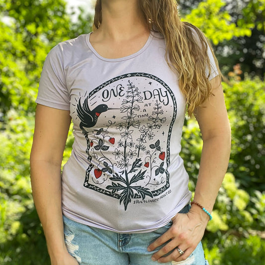 One Day at a Time | July Birth Flower | Purple Tee | Medium