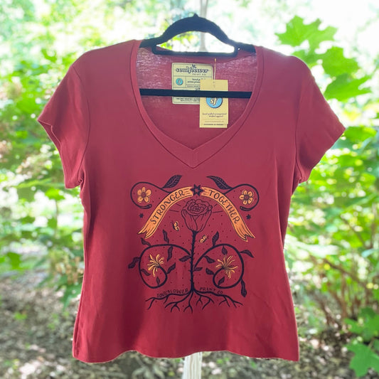 Stronger Together | June Birth Flower | Red V-Neck Shirt | Medium