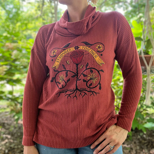 Stronger Together | June Birth Flower | Red Waffle Knit Cowl Neck Long Sleeve | Medium