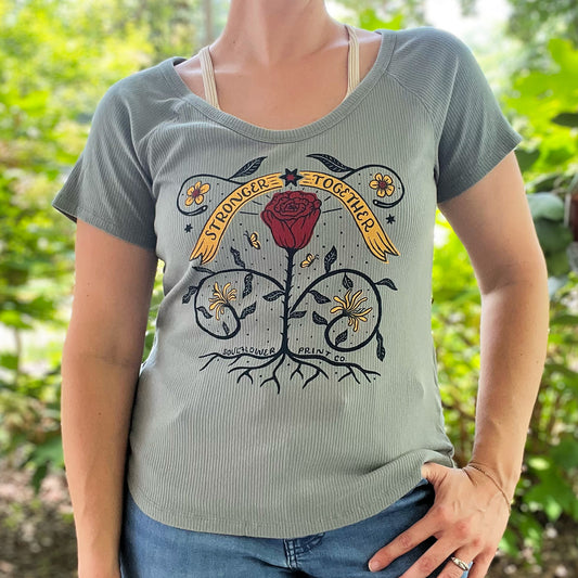 Stronger Together | June Birth Flower | Blue Ribbed Short Sleeve Shirt | XL