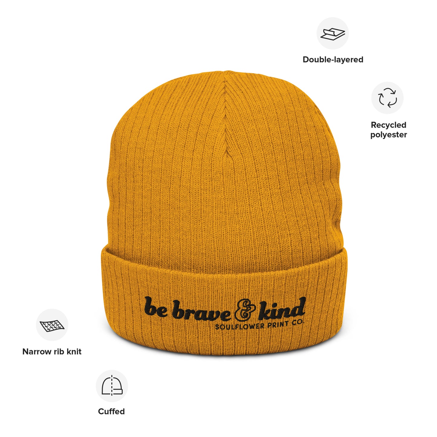 Ribbed Knit Beanie | Brave & Kind | Black Embroidery