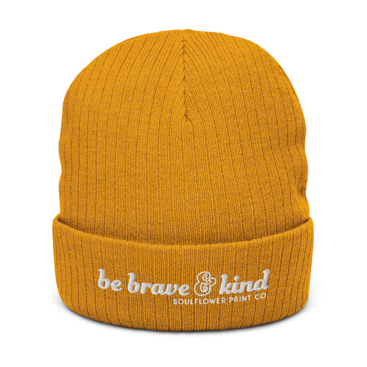 Ribbed Knit Beanie | Brave & Kind | White Embroidery