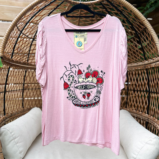 Self Care Cat | Light Pink with Ruched Sleeve Tee | 3X